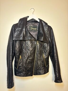 Guess Vintage Black Quilted Leather Asymmetric Moto Jacket, size PM